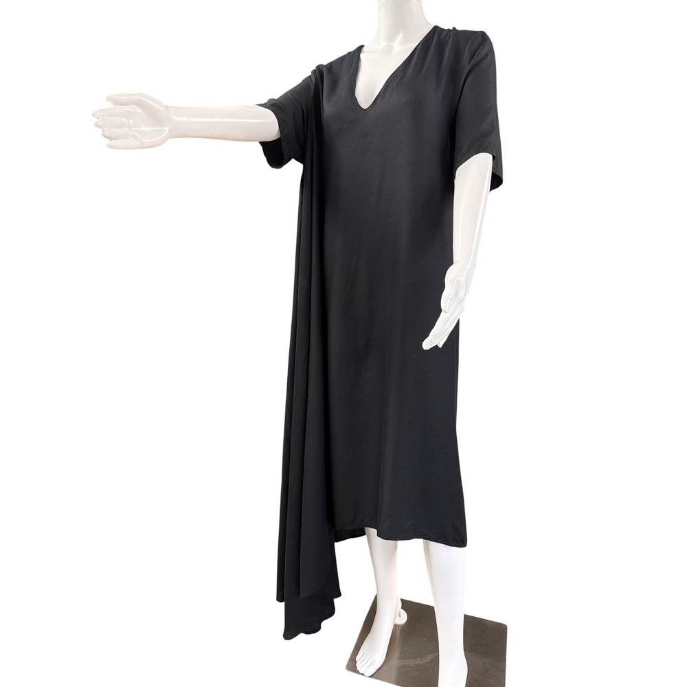 Simply Mila Black Asymmetrical V-Neck Midi Dress Short Sleeve Viscose Small USA - Picture 2 of 7